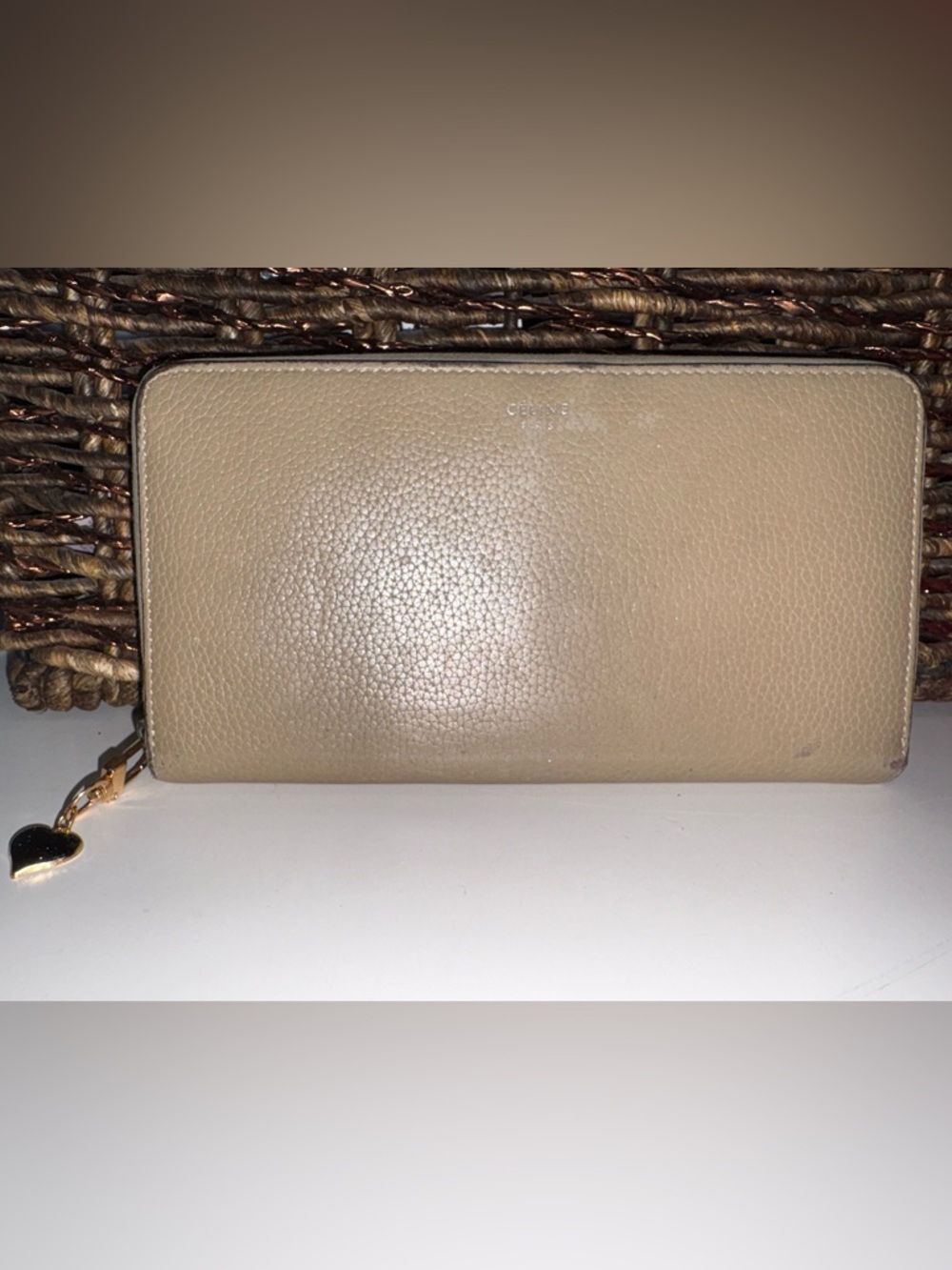 Celine Tan Pebbled Leather Zip Around Wallet Red Interior